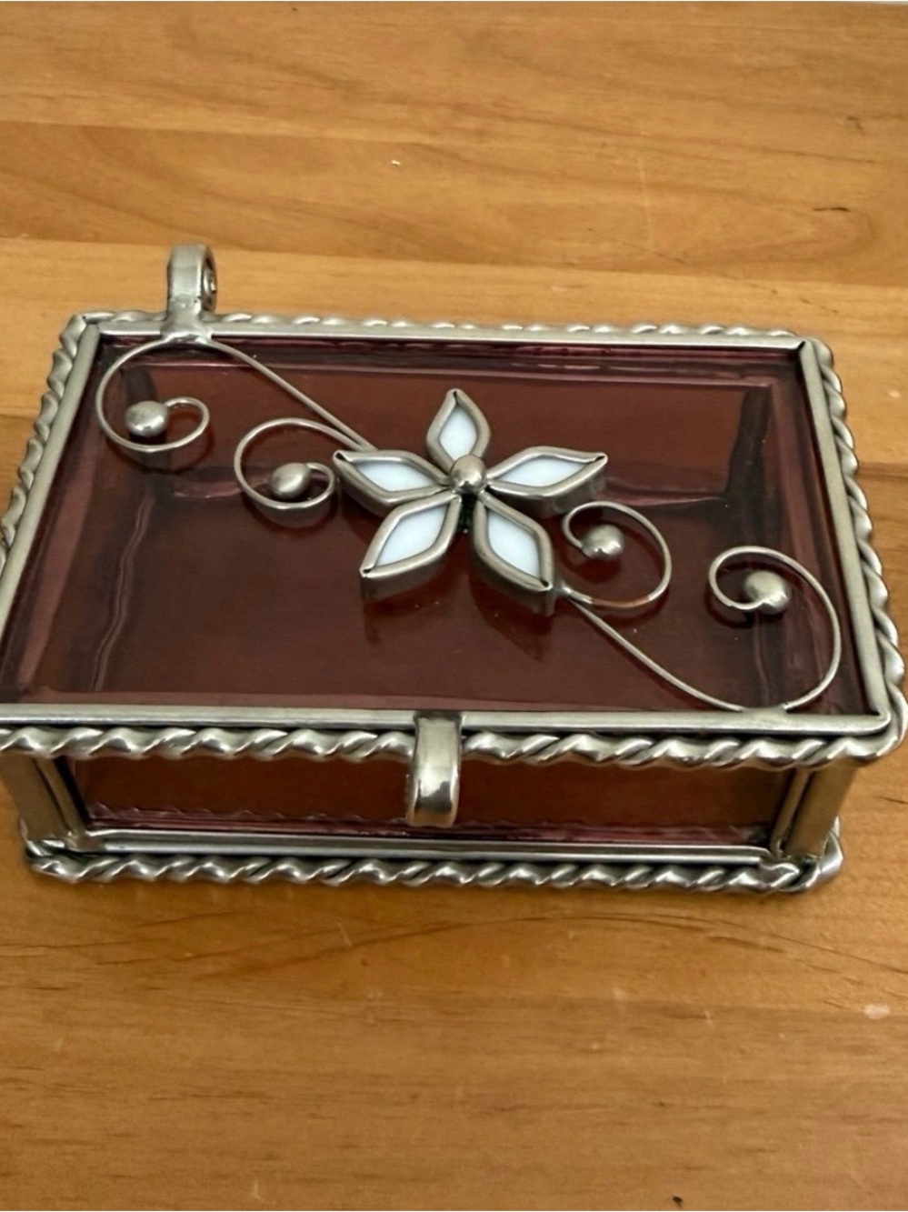 Vintage Burgundy Glass Jewelry Box • Silver Floral Filigree